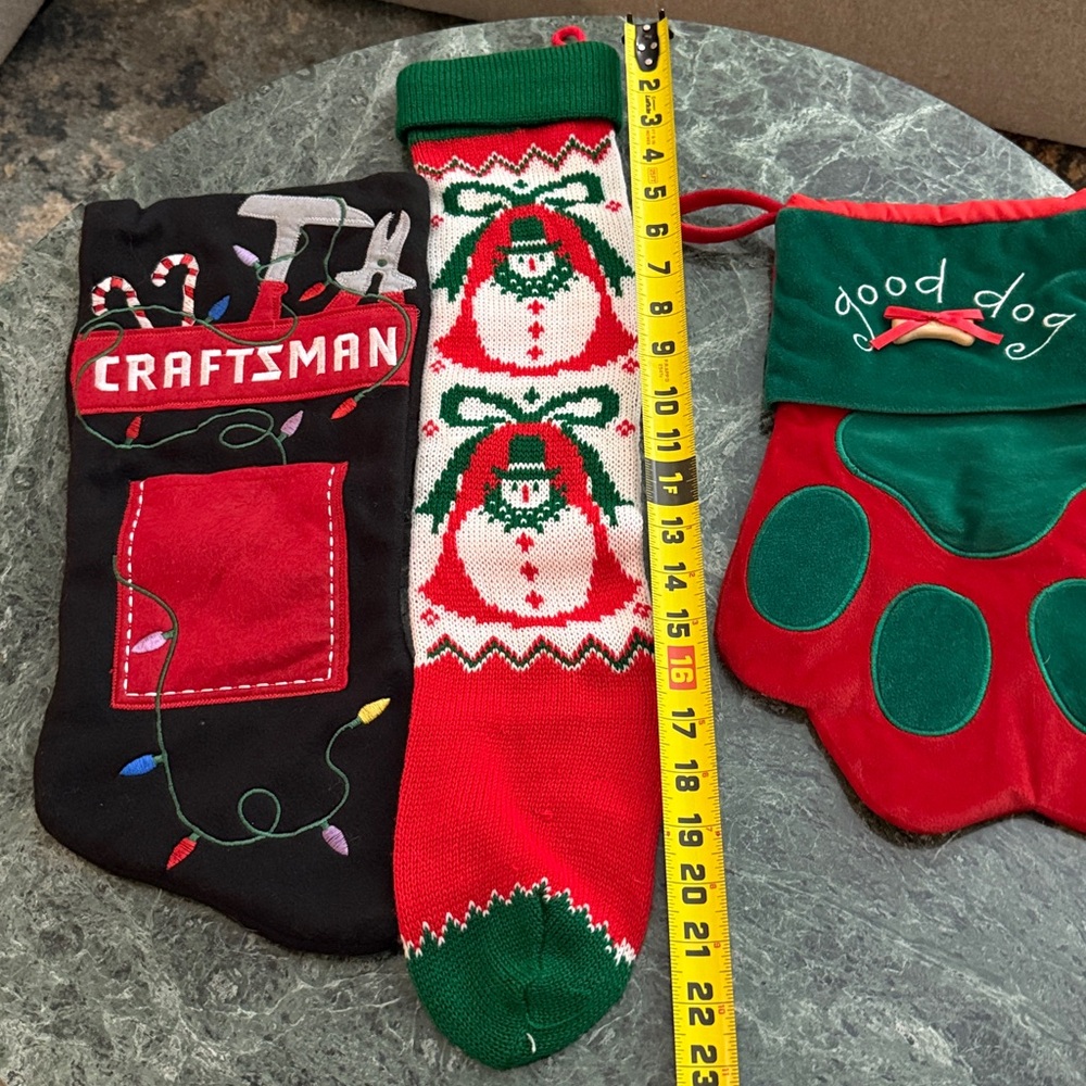 Three Christmas Stockings 
Craftsman with pocket 
Good Dog 
Knit Snowman - Picture 9 of 10